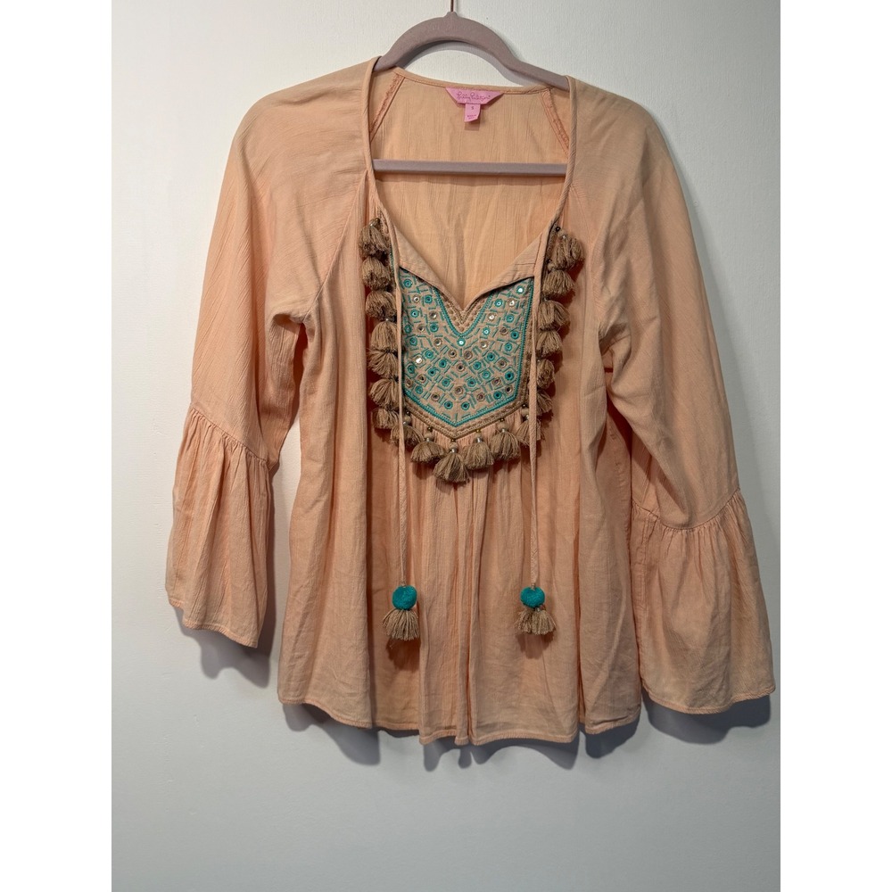 Lilly Pulitzer "Shady" Boho Tassel Mirror Embroidered Bell Sleeve Top Small